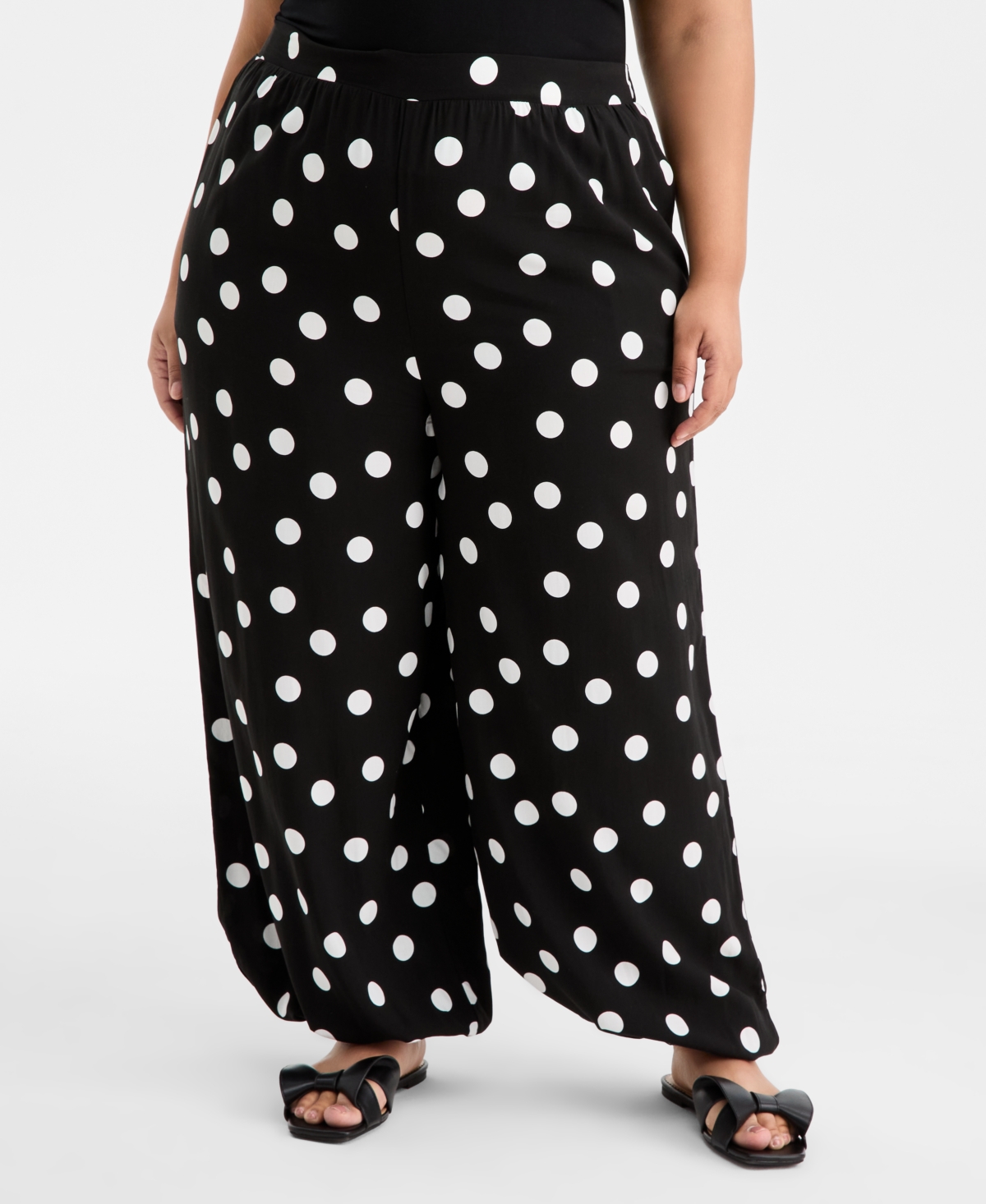On 34th Trendy Plus Size Polka-dot Pull-on Balloon Pants, Macy's Exclusive In Black