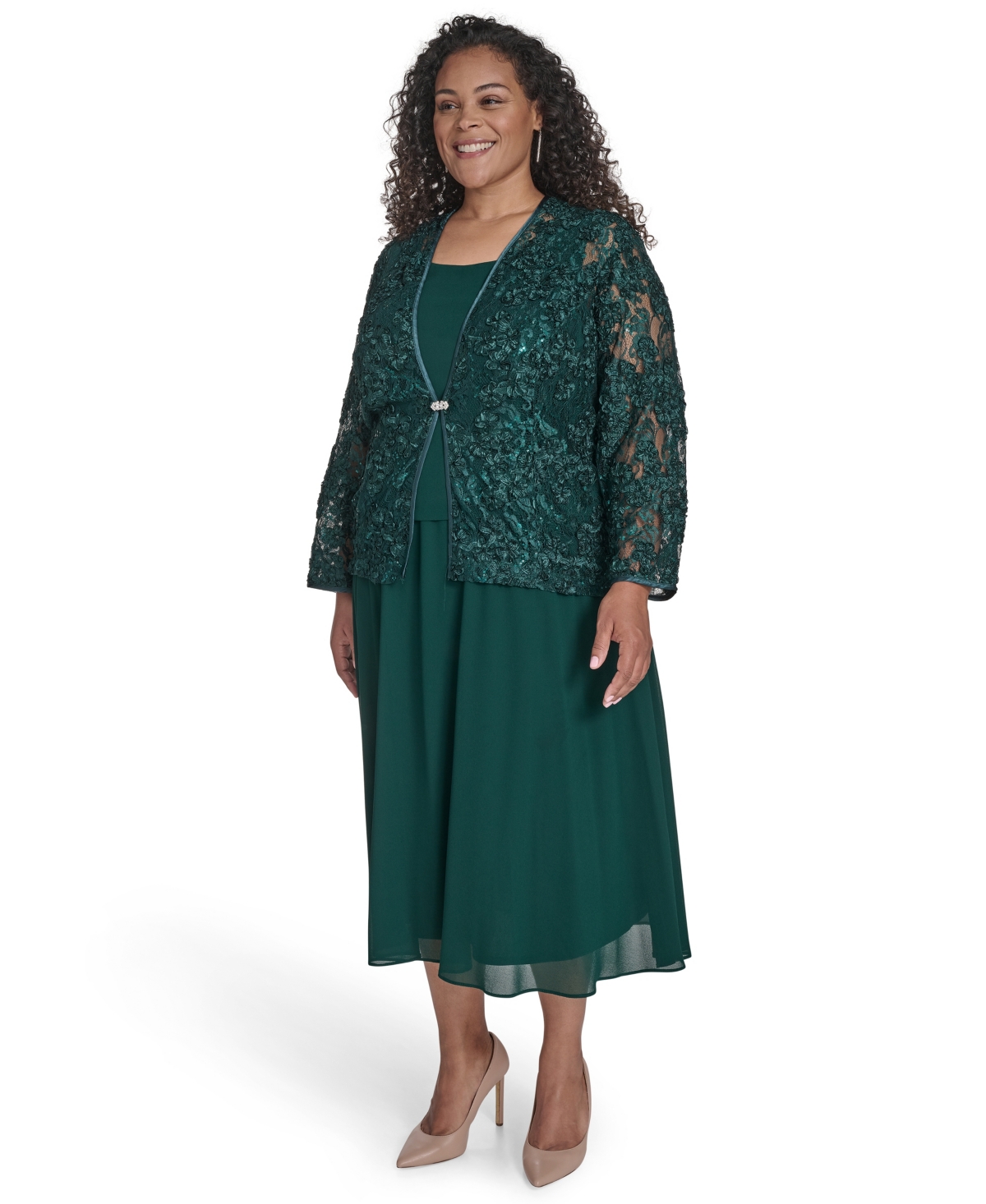 Jessica Howard Plus Size 2-pc. Lace Jacket & Dress Set In Green