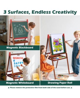 26" Wide 3 in 1 Kids Easel Height Adjustable Art Easel with Chalkboard, Whiteboard & Paper Roll