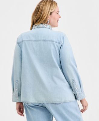 Trendy Plus Size Embellished Collar Denim Shirt, Macy's Exclusive