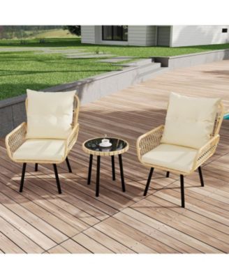 3 Piece Patio Bistro Set, Outdoor Wicker Conversation Set with Round Glass Top Coffee Table and Cushioned Chair, All-Weather Rattan Patio Furniture for Porch Balcony, Beige
