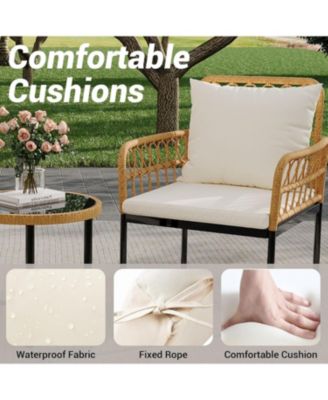 3 Pieces Wicker Patio Bistro Sets Outdoor Conversation Sets with Glass Top Side Table and 2 Modern Rattan Chairs, Patio Furniture Set for Apartment, Backyard, Porch, Balcony, Lawn (Beige)