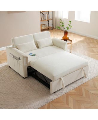 55" Velvet Loveseat Sofa Bed with USB Ports, Adjustable Backrest and Pull-Out Sleeper with Storage Pockets and Pillows-Maison Boucle