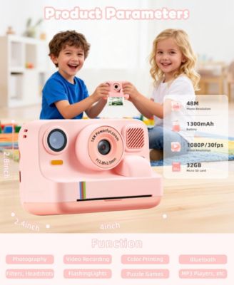 Kids Instant Print Camera 48MP with 16X Zoom, 1080P HD Video, Bluetooth, Dual Lens, 32GB Card & 4 Print Rolls