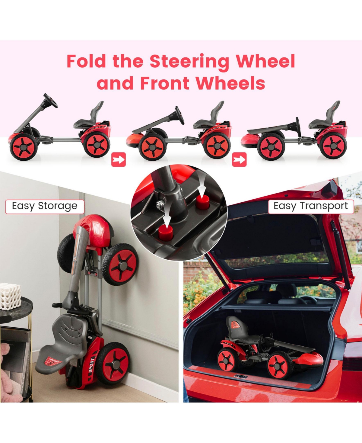 Pedal Powered 4-Wheel Toy Car with Adjustable Steering Wheel and Seat