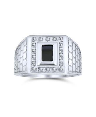 Blue Emerald Cut CZ Statement Ring  – Brick Pattern Sterling Silver Band