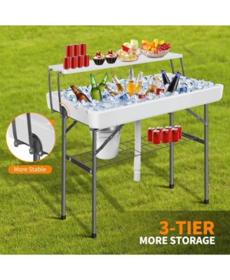 2-Tier Outdoor Portable Folding Ice Cooler Table with Removable Matching Skirt and Shelf
