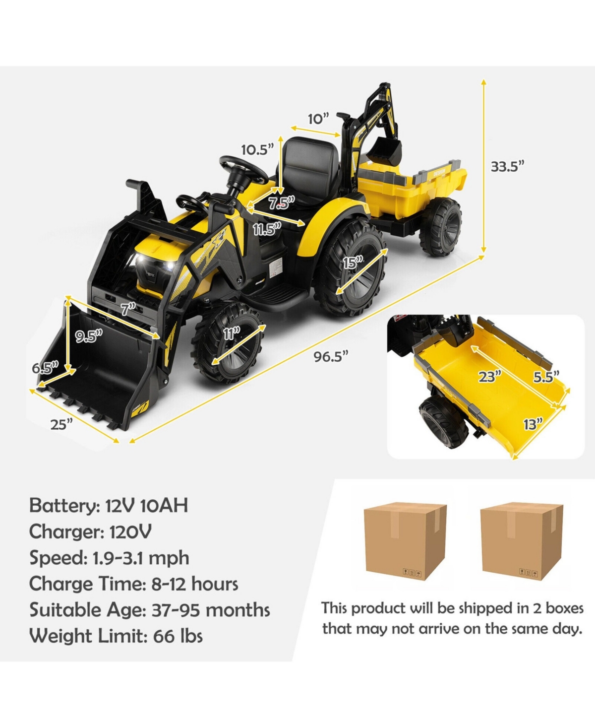 12V 3 in 1 Kids Ride On Excavator with Shovel Bucket and Music