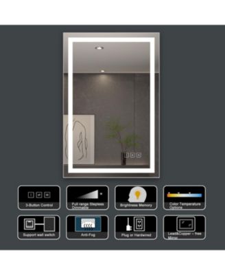 24 x 36 inch LED Lighted Bathroom Mirror, Wall Mounted Dimmable Makeup Vanity Mirror, Tempered Glass Anti-Fog Mirror, 3-Color Adjustable Warm/Natural/White Light, Horizonal & Vertical, ETL Listed