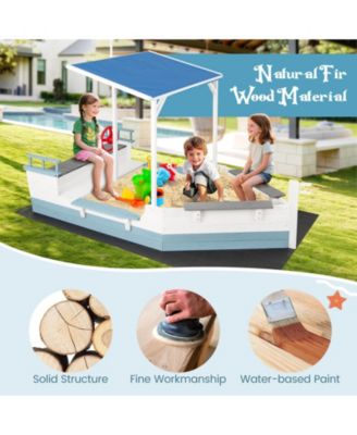 Fir Wood Sandbox with Sloping Canopy Liner Multiple Seats Large Storage Space