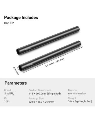 15mm Black Aluminum Alloy Rod Pair, M12 Thread, 8"