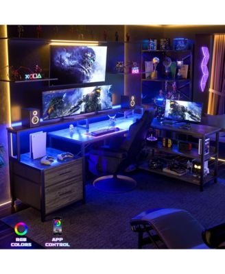 L-Shaped Computer Desk with Drawers and Monitor Shelf, Gaming Desks with LED Strip