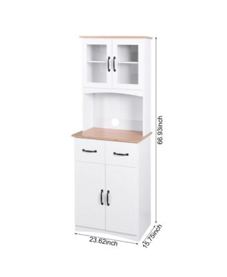 Wooden Kitchen Pantry Cabinet with Glass Doors and Storage Drawer