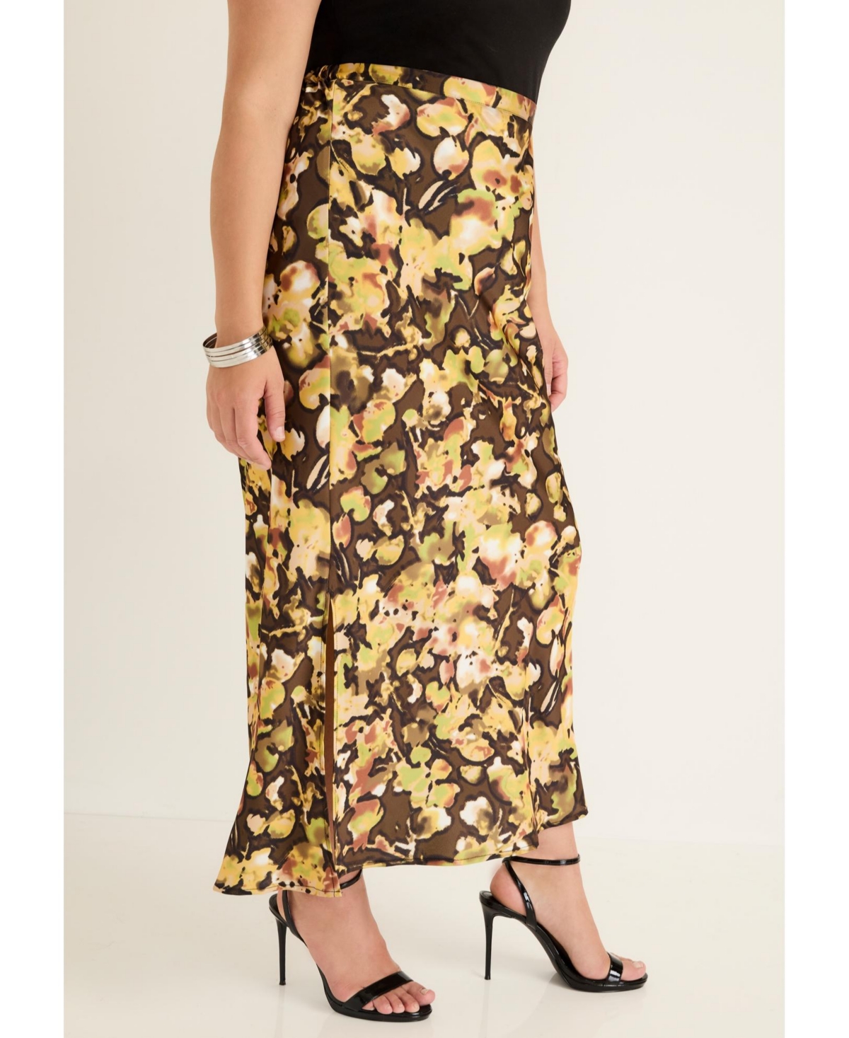 June + Vie Women's Satin Side-Slit Midi Skirt
