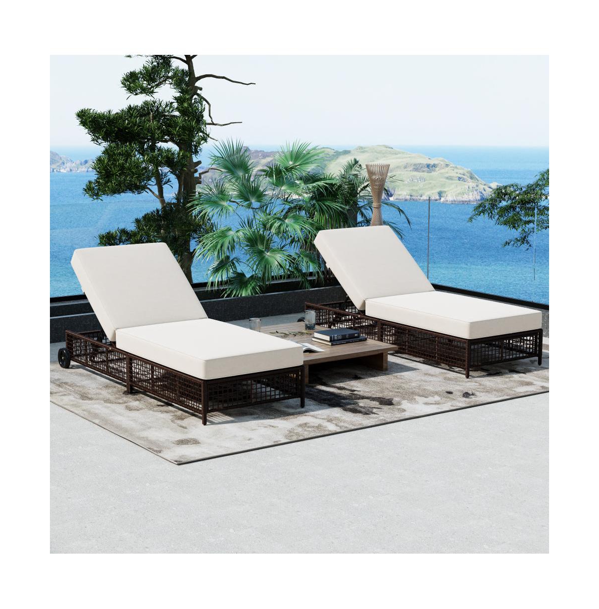 Chic Crate - Set of 2 Adjustable Rattan Pool Lounge Chairs with Wheels Waterproof Outdoor Patio Furniture for Backyard & Garden (Grey+Beige)