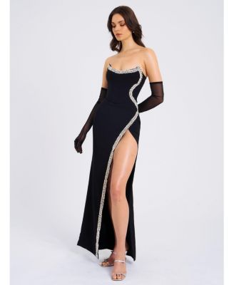 Women Xoana Black Crystal Embellished High Slit Gown