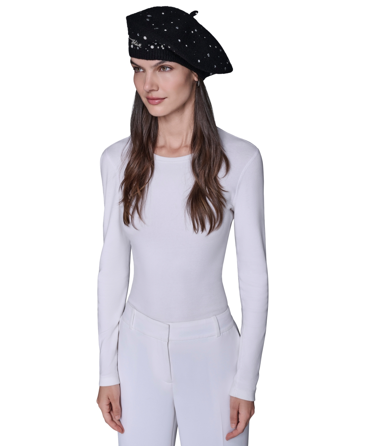 Karl Lagerfeld Women's Crystal Stud Detail Beret Hat In Black