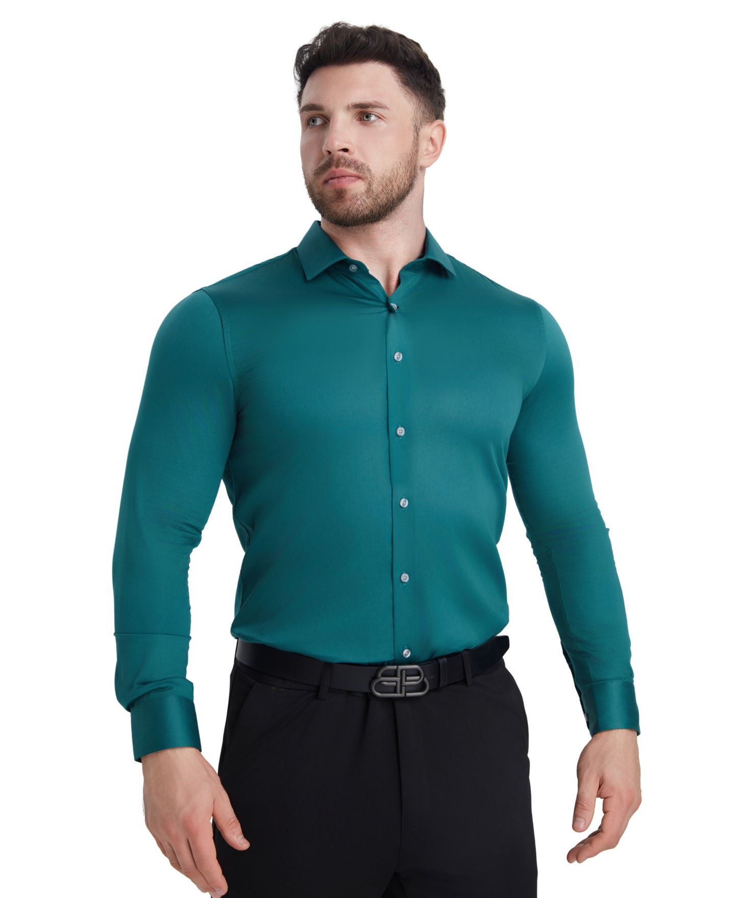 Мужская рубашка Perry Ellis Portfolio Solid Sateen Slim Fit Dress Shirt, цвет: Изумрудный — фото 2