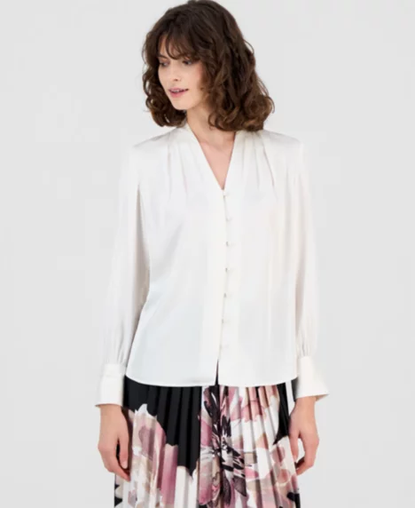 Petite V-Neck Button-Front Pleated-Cuff Blouse - White Dove