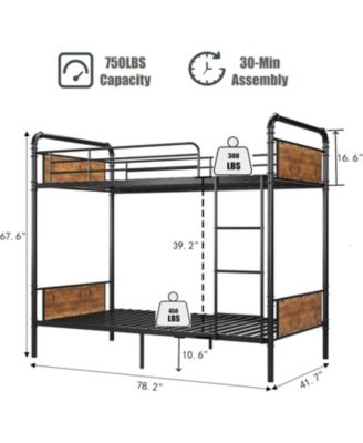 Twin Over Twin Metal Bunk Bed with High Guardrail and Ladder, Convertible Metal Bunk Beds for Kids/Teens/Adults,Easy Assembly, No Box Spring Needed，Vintage Black