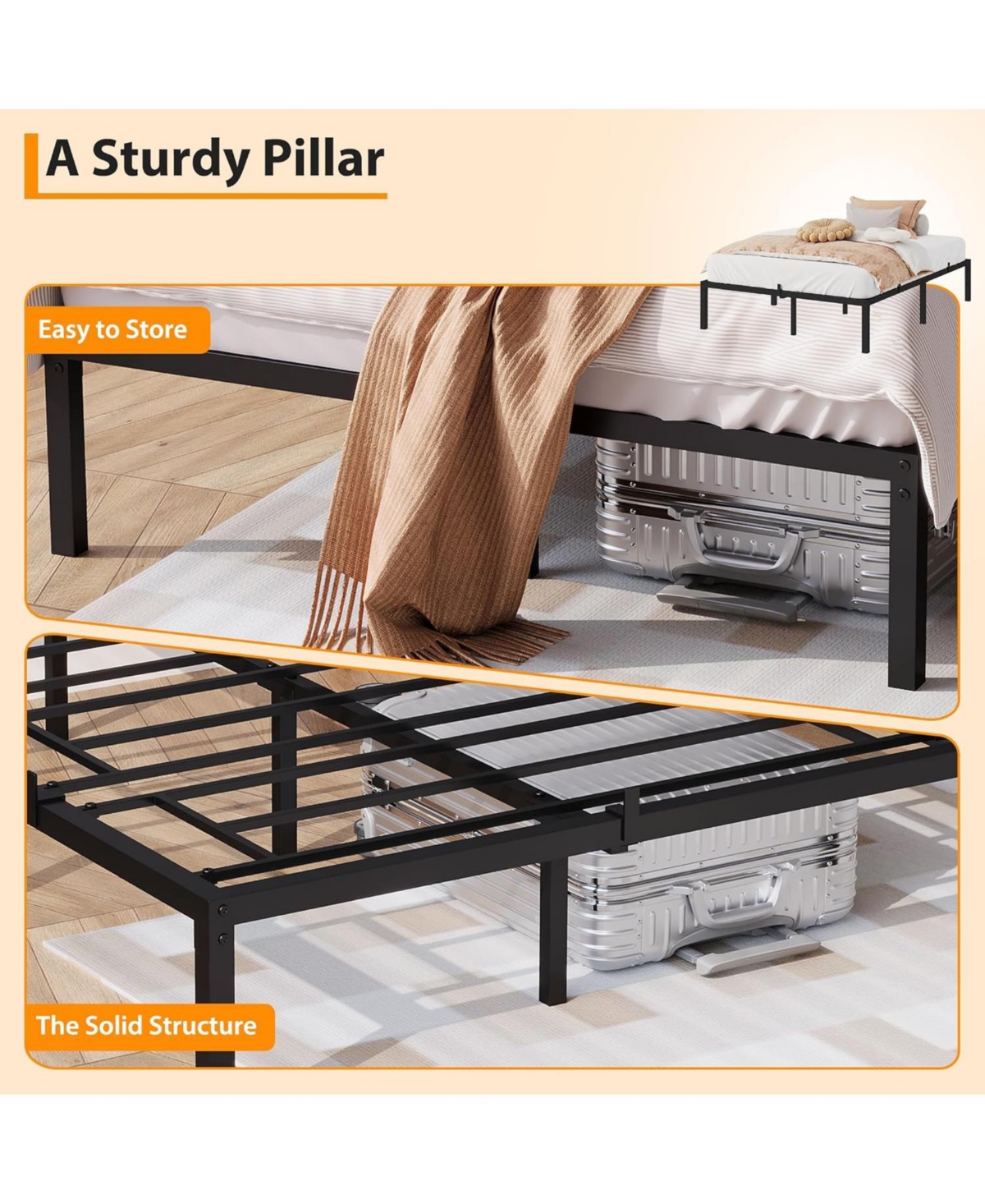 14 Inch Metal Full Bed Frame with Rounded Corner, Heavy Duty Non-Slip Bed Frame with Steel Slats, No Box Spring Required Noise-Free Easy Assembly, 9-L