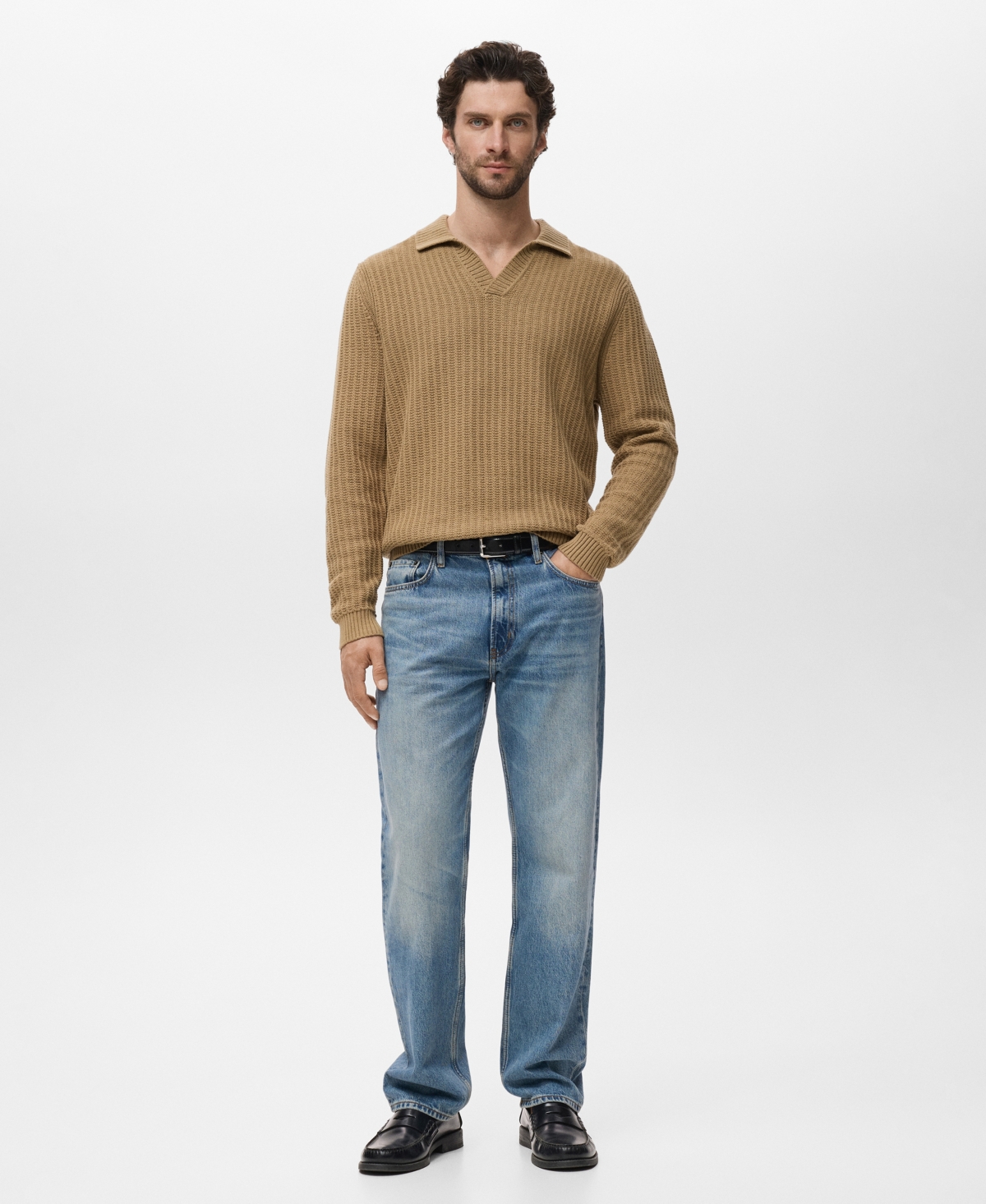 Mango Structured Cotton Polo Sweater In Nude