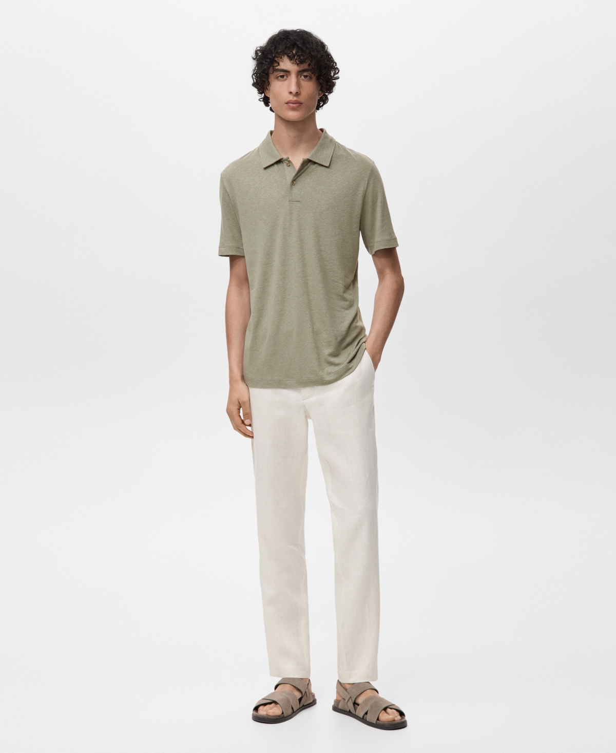 Mango Slim Fit Linen Blend Jersey Polo In Green