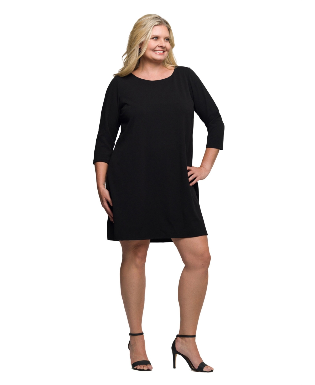 24seven Comfort Apparel Plus Size Three Quarter Sleeve A Line Knee Length Dress In Black