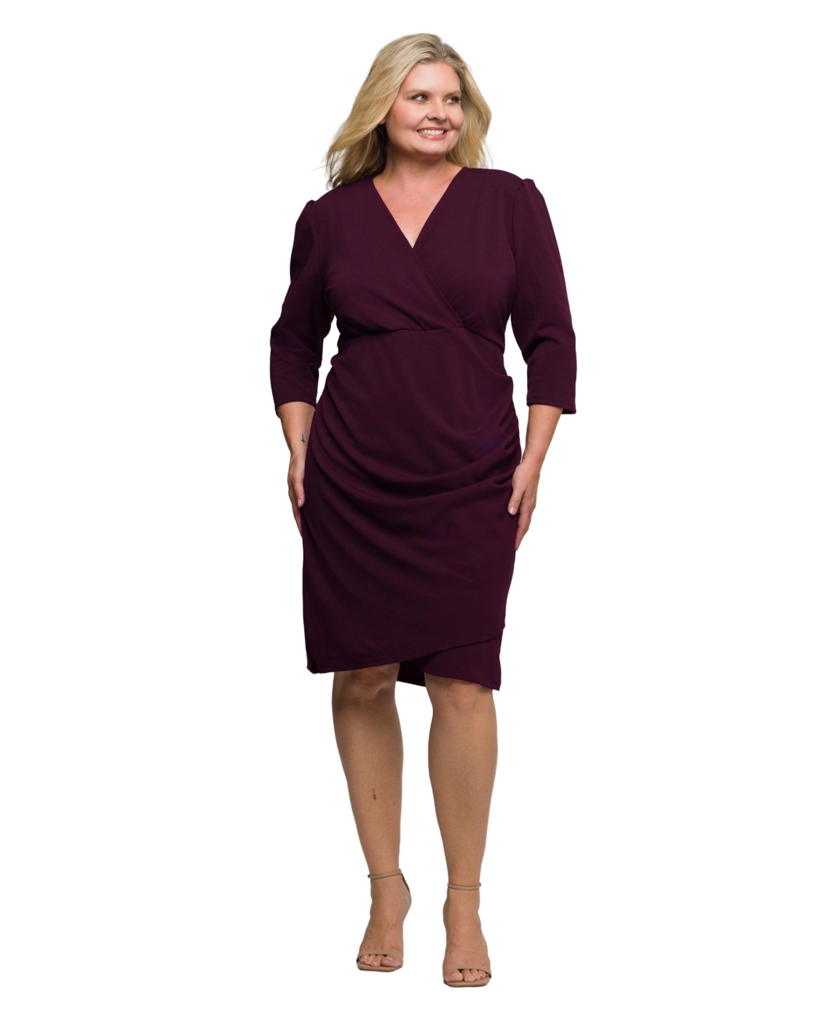 24seven Comfort Apparel Plus Size Solid Color V Neck Faux Wrap Dress In Burgundy
