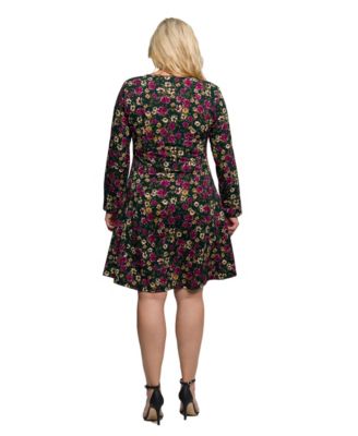 Plus Size Floral Print Long Sleeve Fit and Flare Mini Dress