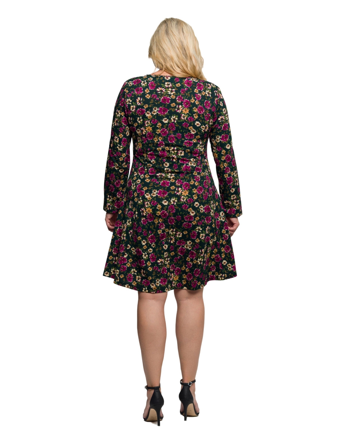 24seven Comfort Apparel Plus Size Floral Print Long Sleeve Fit And Flare Mini Dress In Multi