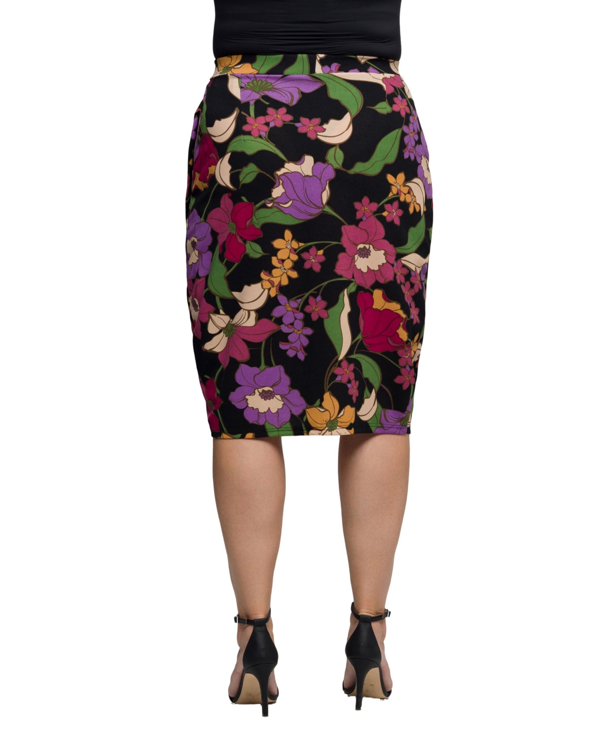 24seven Comfort Apparel Plus Size Black Multi Floral Print Midi Pencil Skirt In Multi