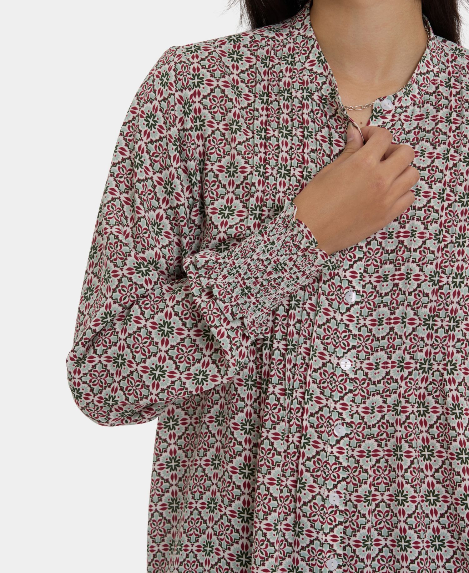 Women's Pleated Peasant Blouse Long Sleeve Top