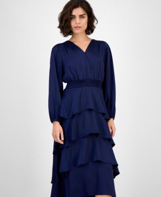 Women's Satin Surplice-Neck Tiered Midi Dress