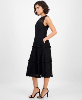 Women's Round-Neck Tiered Lace Midi Dress