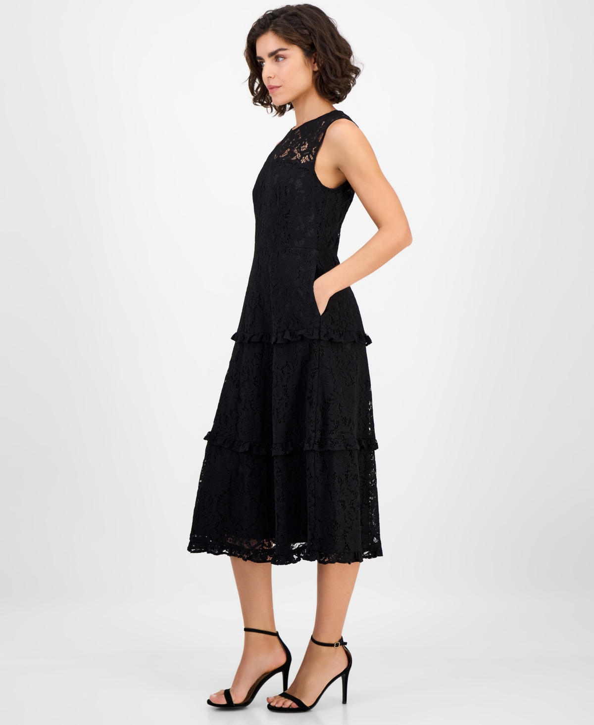 Anne Klein Women's Round-neck Tiered Lace Midi Dress In Blue