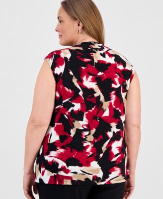 Plus Size Printed Cap-Sleeve Cowlneck Top