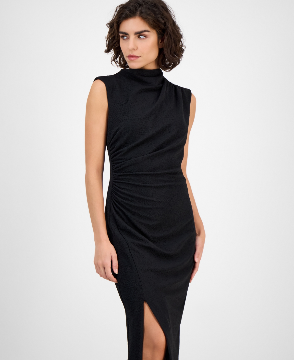 Anne Klein Women's Drape-front Textured Knit Midi Dress In Black