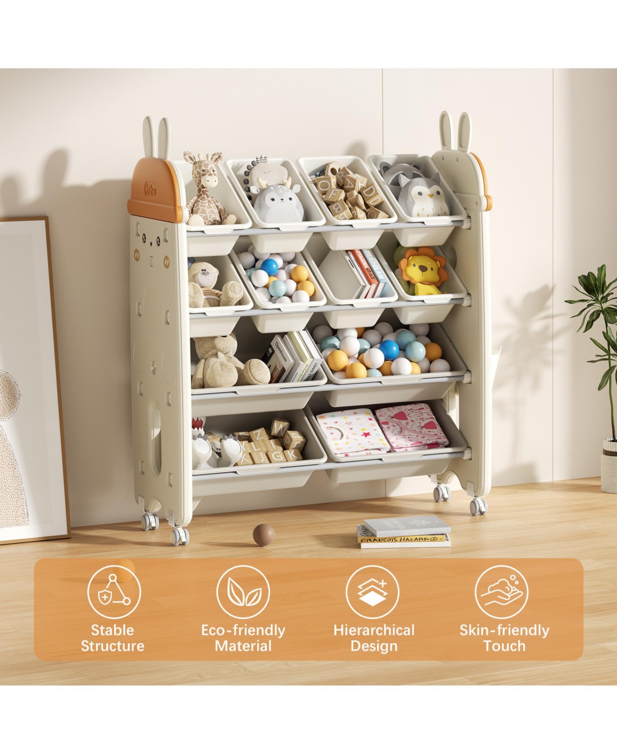 2-in-1 Kids Bookshelf & Bpa-Free Toy Organizer with Removable Bins and Wheels