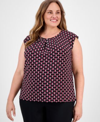 Kasper - Plus Size Geo-Print Cap-Sleeve Top