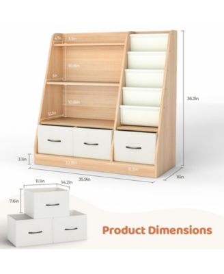 Wooden Kids Storage Organizer Shelf with Book Rack and Fabric Bins