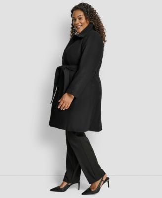 Plus Size Belted Zip-Up Wool Coat