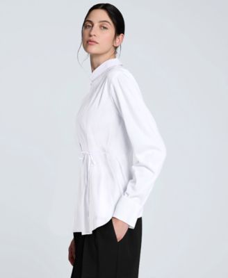 Women's Solid Poplin Wrap Y-Neck Tie-Waist Shirt