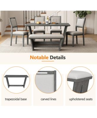 6-piece Retro Farmhouse Style Dining Set, Rectangular Table and 4 Upholstered Chairs with Rattan and Bench for Dining Room and Kitchen