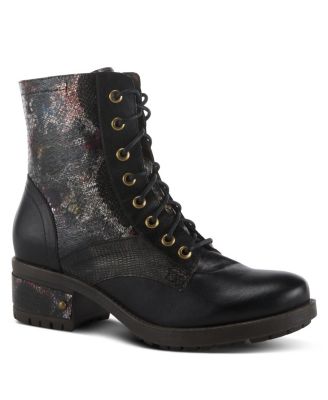 L Artiste Women s MARTY-MET Lace-Up Floral Metallic Boots with Faux Snakeskin Texture and Embossed Heel
