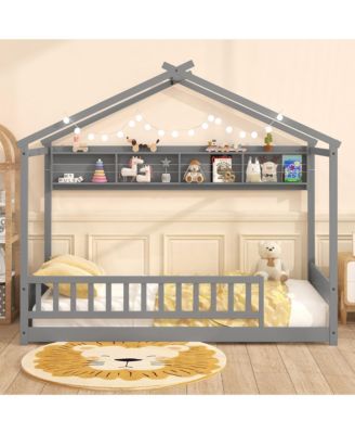 Twin Size House Bed w/Storage Shelf Headboard & Guardrail Wooden Slat Support