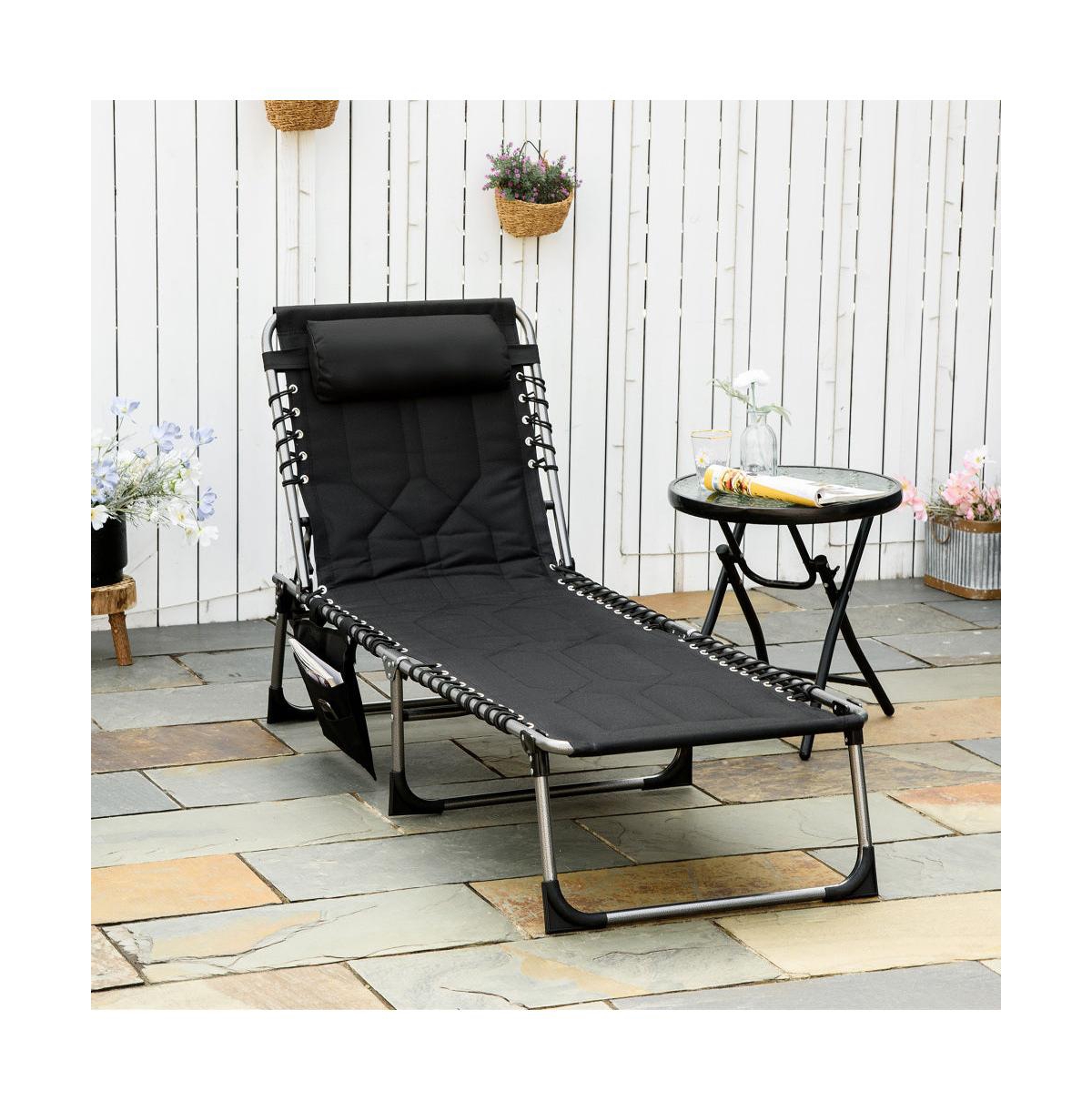 Chic Crate - Comfortable Outdoor Black Chaise Lounge Chair with 6-Level Reclining and Headrest for Beach, Yard, Patio