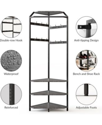 3-In-1 Narrow Corner Coat Rack Stand with Shoe Bench & Storage Shelf for Hallway, Bedroom, Living Room - Space Saving Coat Hooks & Shoe Rack