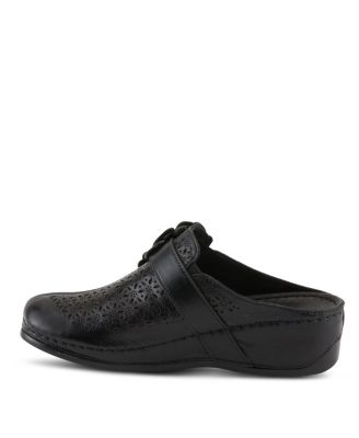 LILYBEAN Leather Perforated Clogs with Floral Applique and Open Back