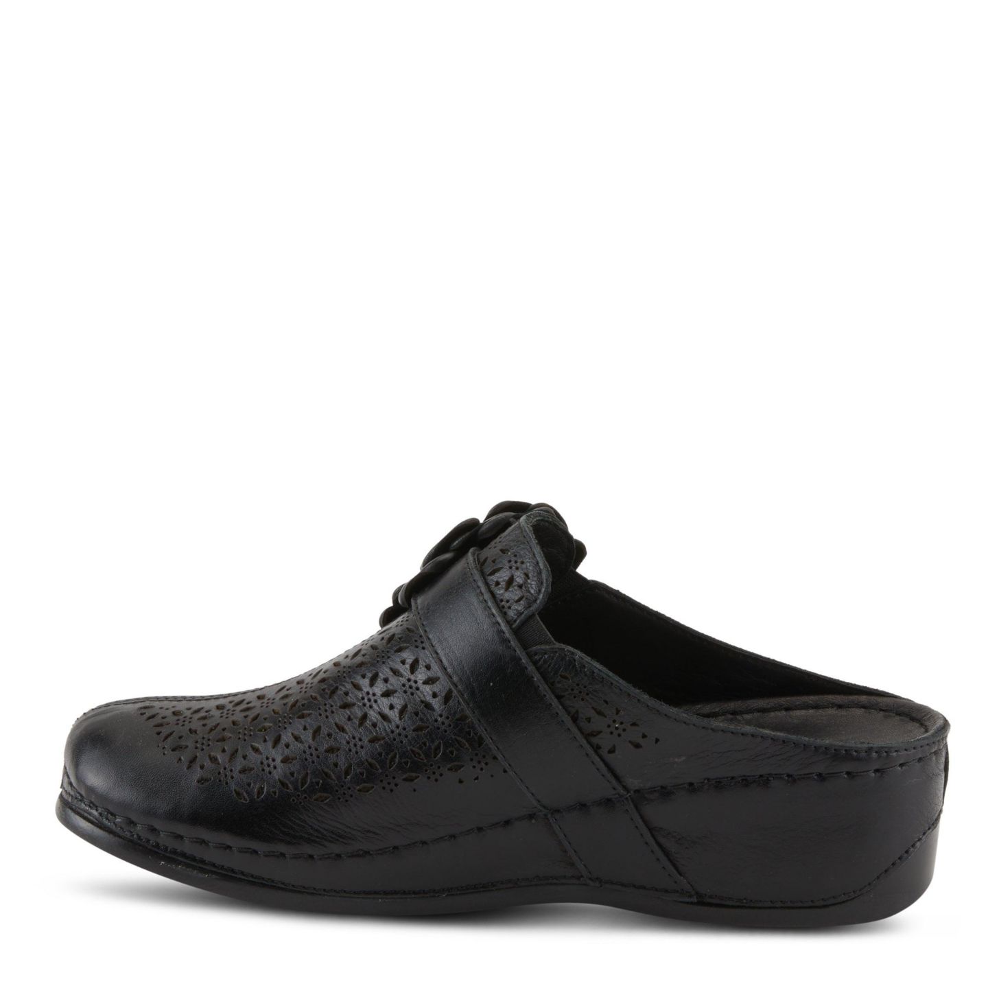 Женские сабо Spring Step Azura Lilybean Leather Perforated Clogs with Floral Applique and Open Back, цвет: Чёрный — фото 2